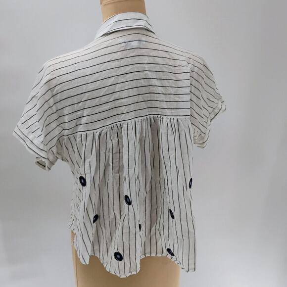 Sz S Madewell Striped Embroidered Button Up Blouse Top Short Sleeve white - Picture 13 of 16